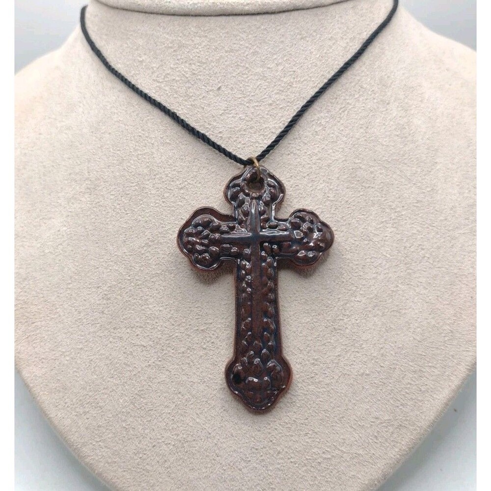 Vintage Ceramic Glazed Pottery Cross Pendant Necklace 2.75" Christian Signed